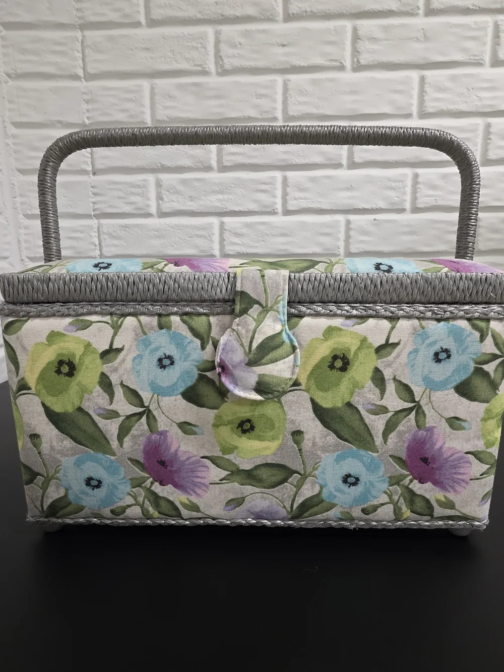 Floral Fabric Sewing Basket Rectangle Craft Organizer Box Gray Trim